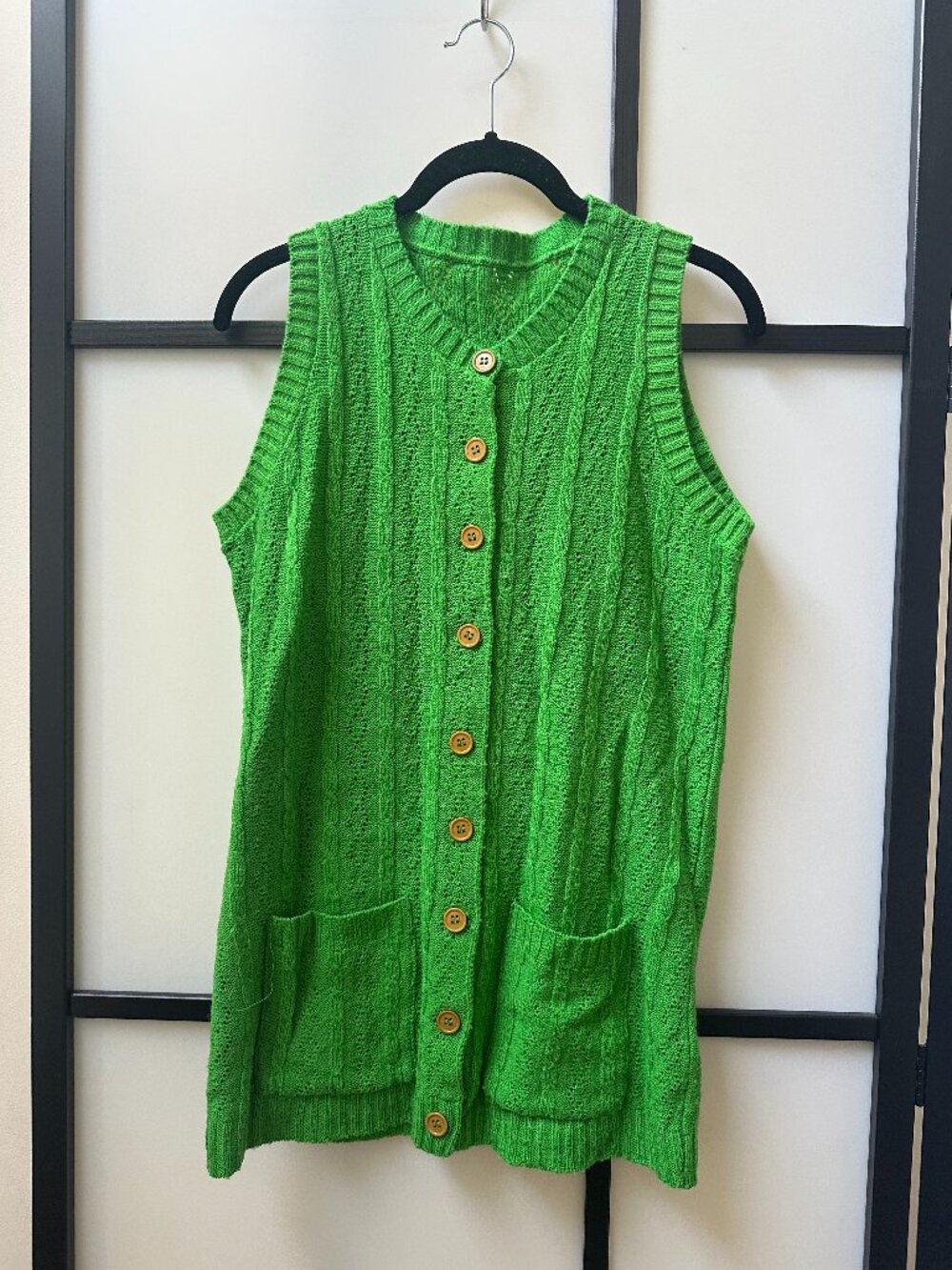 Vintage Bright Green Acrylic Long Button Up Sweater Vest w/ Pockets - S/M